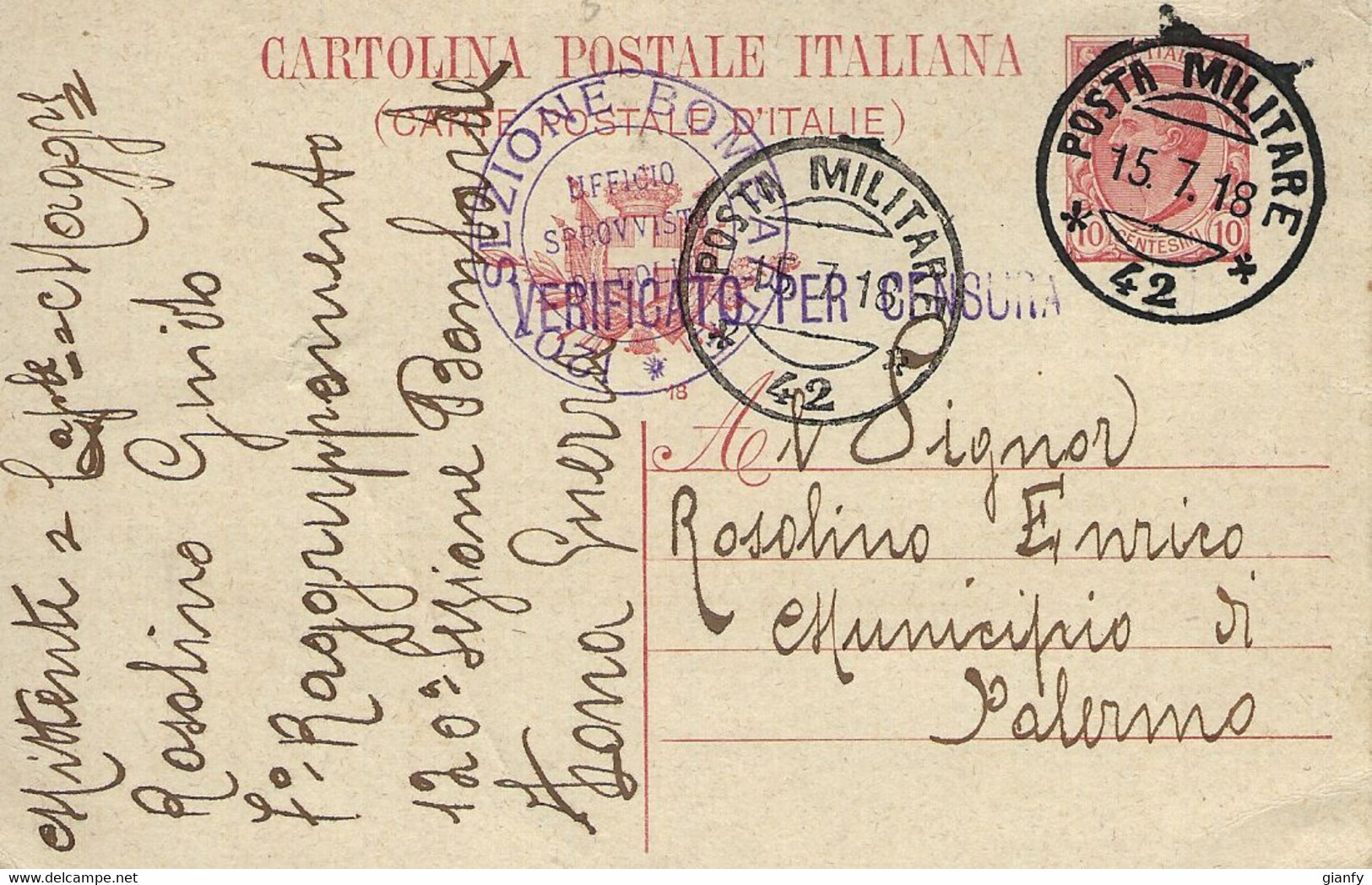 INTERO REGNO LEONI 10 C POSTA MILITARE 42 1918 BASSANO DEL GRAPPA X PALERMO - Posta Militare (PM)