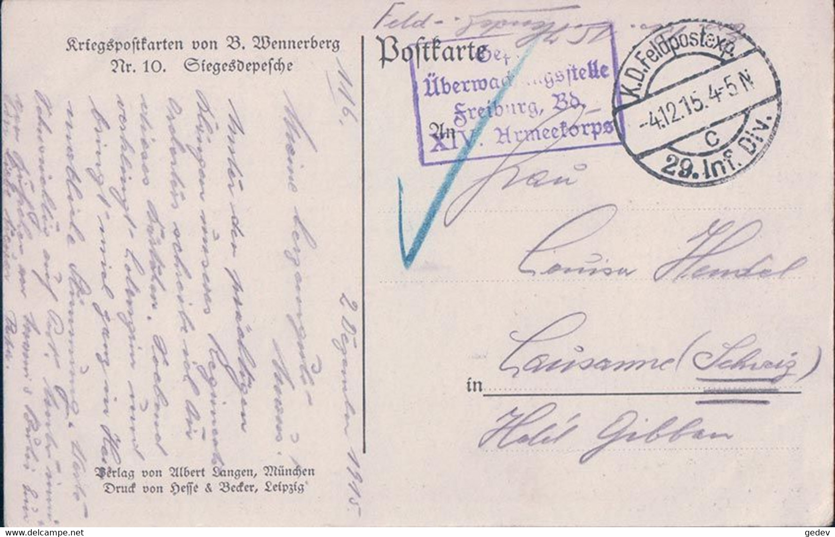 B. Wennerberg Illustrateur, Guerre 14-18, Siegesdepesche, Cachet Feldpost 4.12.1915, Cachet XIV Armeekorps (10) - Wennerberg, B.