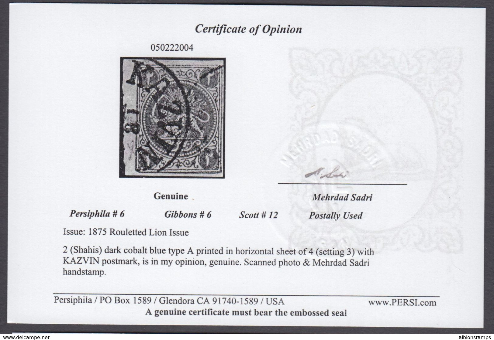 Iran, Scott 12, Type A, Kazvin Cancel, Used, W/ Sadri Certificate - Irán