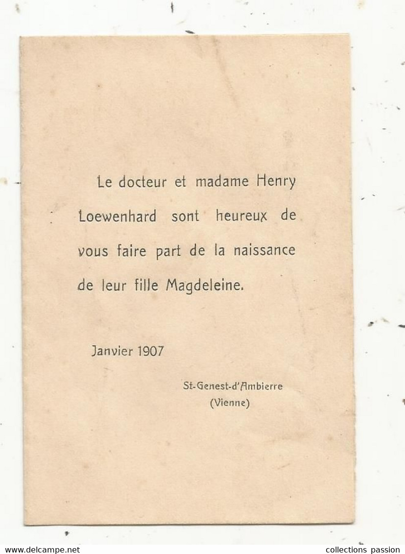 FAIRE PART DE NAISSANCE ,Magdeleine , Janvier 1907 ,Saint Genest D'Ambierre ,Vienne - Naissance & Baptême