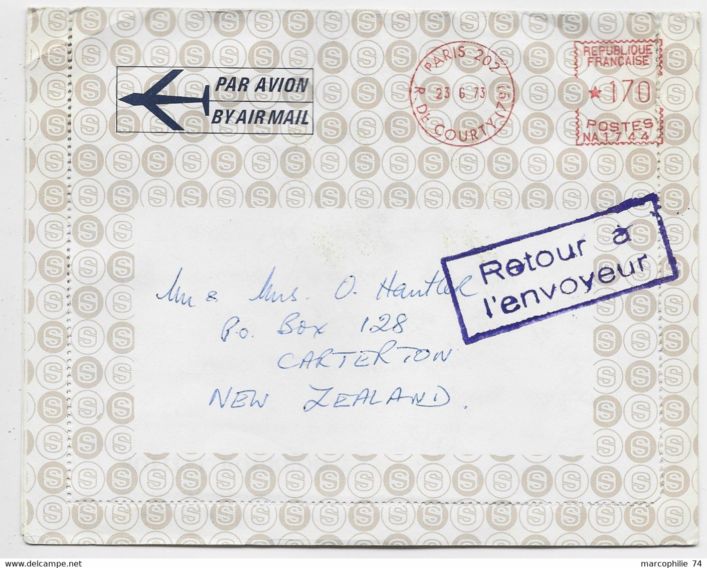 ETIQUETTE PTT  GARE AUSTERLITZ SUSPENSION RELATIONS POSTALE AU VERSO LETTRE COVER FRANCE NOUVELLE ZELANDE NEW ZEALAND - 1961-....