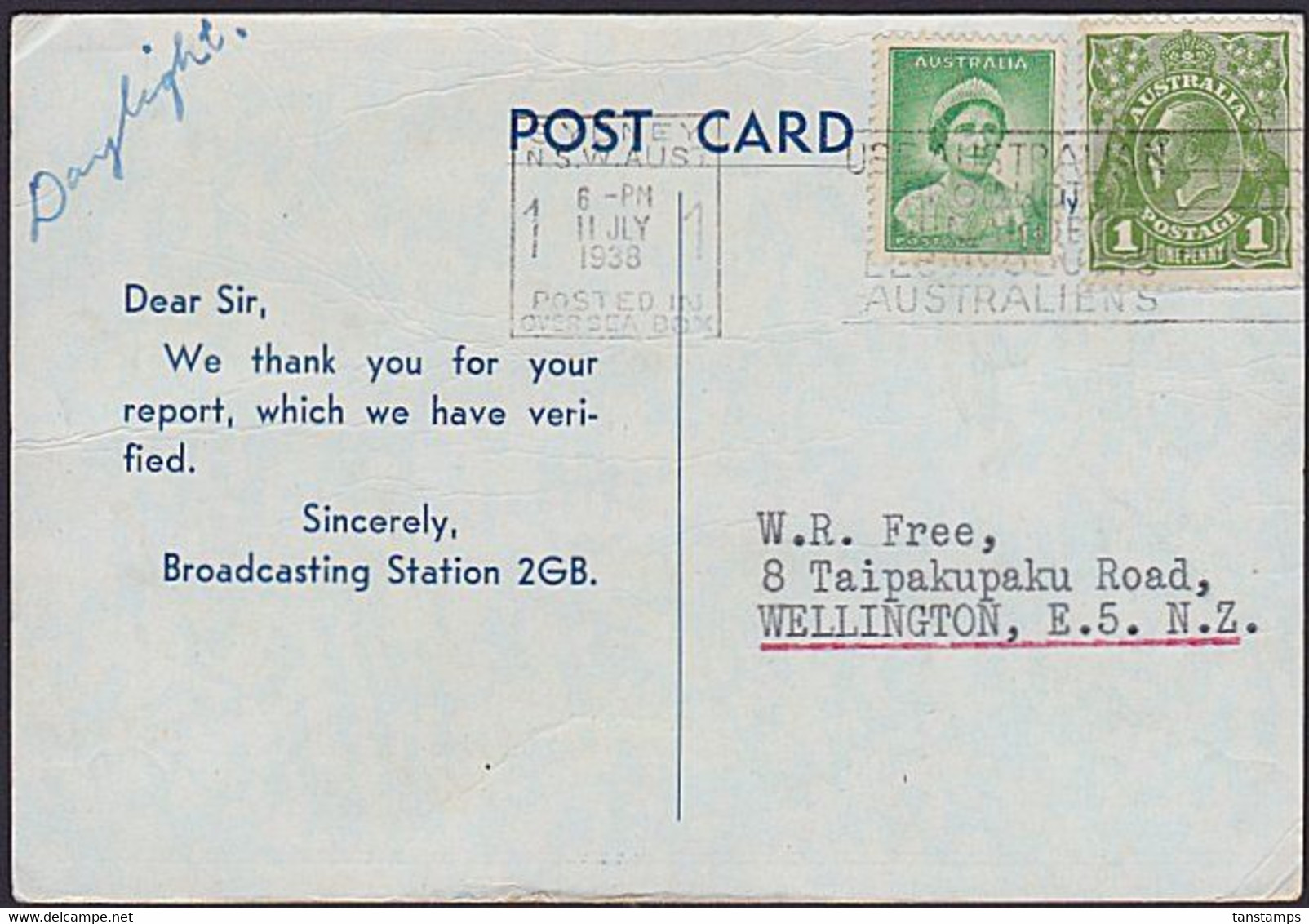 Australia 1938 QSL Card To NZ Station 2GB - Brieven En Documenten