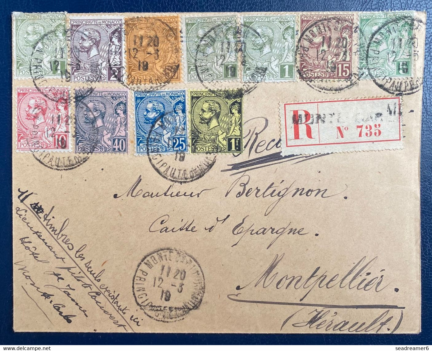 MONACO Lettre Recommandée Du 12 Mars 1919  Avec Toutes Les Valeurs Presentent Ce Jour Au Bureau : Au Tarif ! - Storia Postale