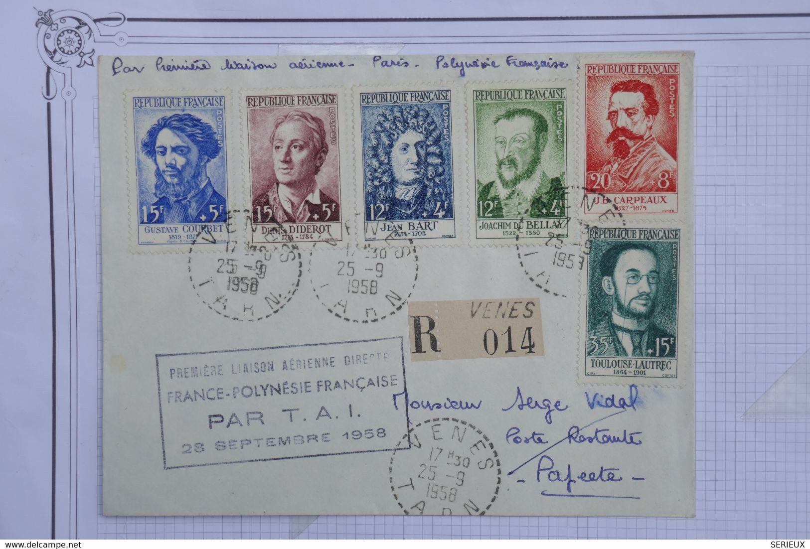 AU15 FRANCE  BELLE LETTRE RECOM.  1957  VENES  POUR  PAPEETE  TAHITI ++++ AFFRANCH. PLAISANT - 1960-.... Covers & Documents