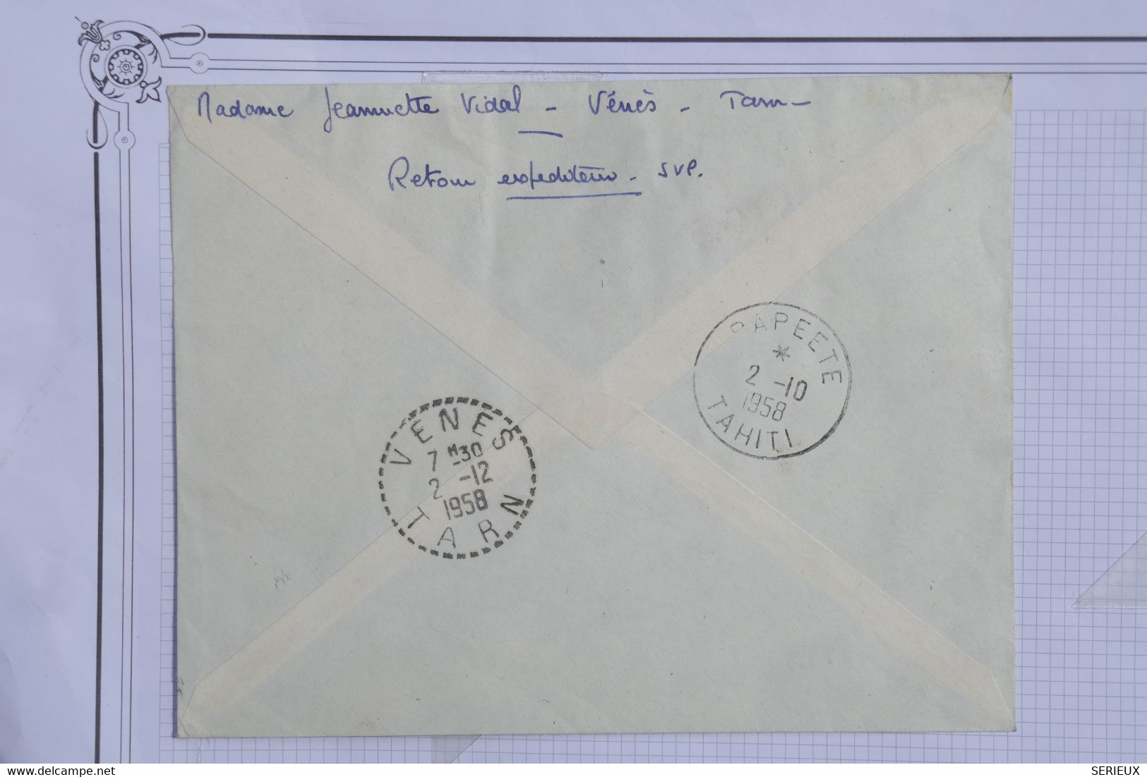 AU15 FRANCE  BELLE LETTRE RECOM.  1957  VENES  POUR  PAPEETE  TAHITI ++++ AFFRANCH. PLAISANT - 1960-.... Brieven & Documenten