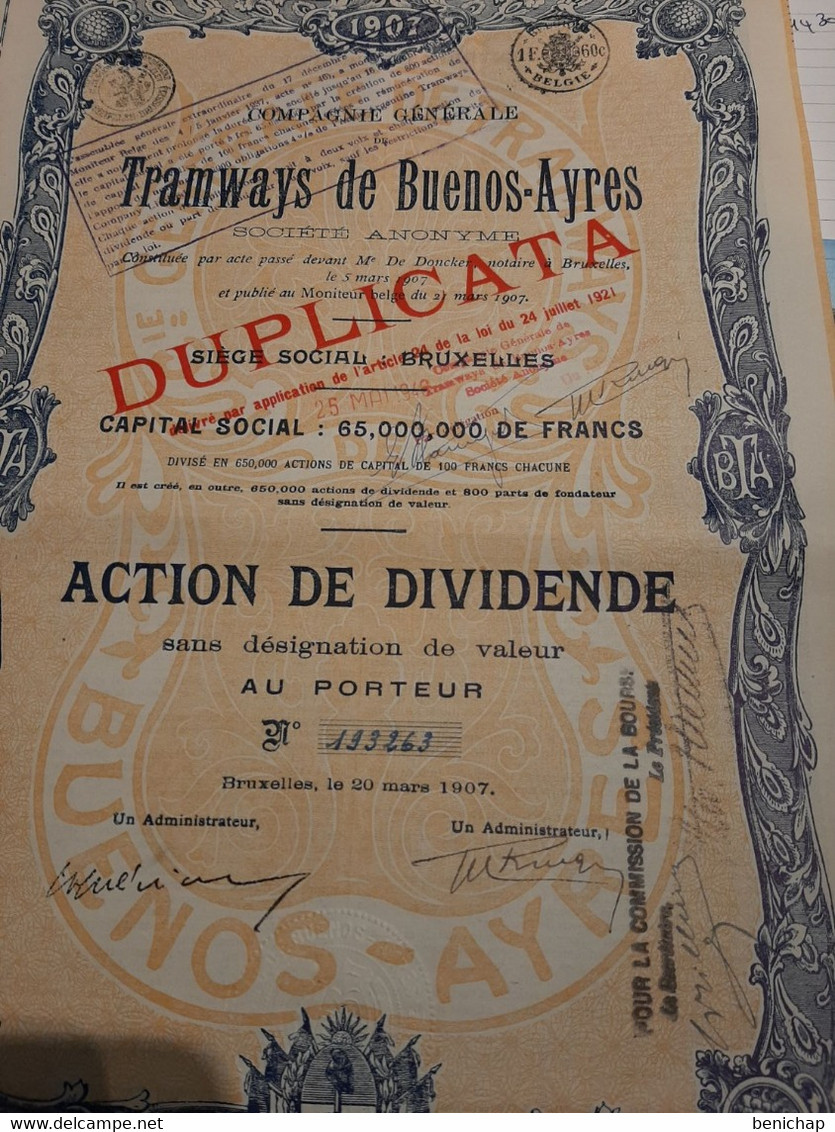 Compagnie Générale De Tramways De Buenos-Ayres S.A. - Action De Dividende - Duplicata - Bruxelles Mars 1921. - Spoorwegen En Trams