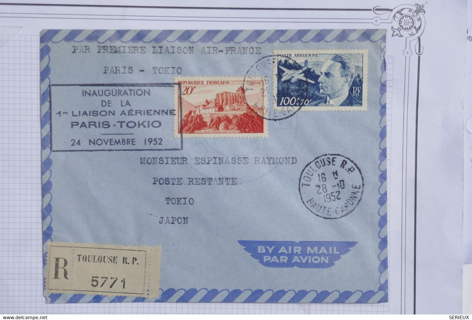 AU15 FRANCE  BELLE LETTRE RECOM.  1952 1ER VOL AIR FRANCE   POUR  TOKIO JAPON  ++++ AFFRANCH. PLAISANT - 1960-.... Covers & Documents