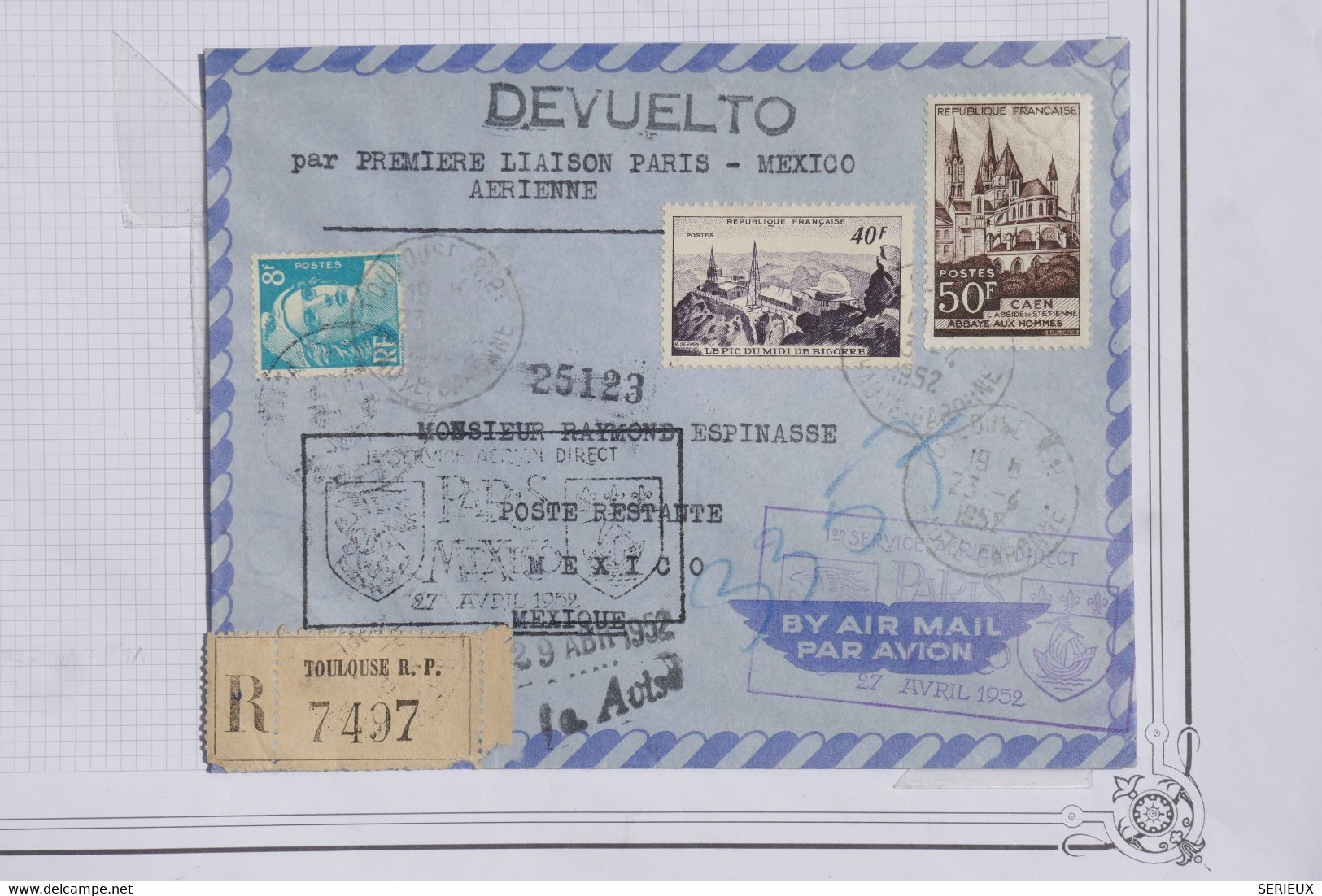 AU15 FRANCE  BELLE LETTRE RECOM.  1952 1ER VOL  PARIS POUR MEXICO   ++++ AFFRANCH. PLAISANT - 1960-.... Covers & Documents