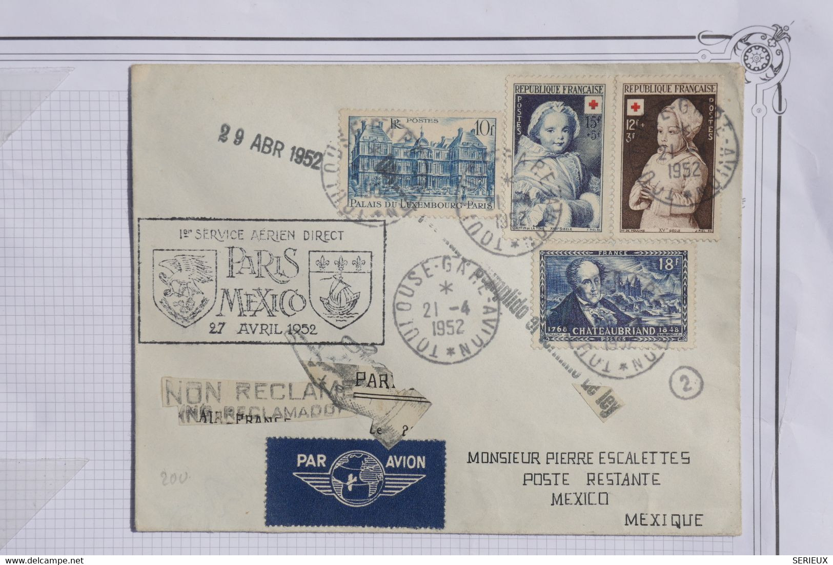 AU15 FRANCE  BELLE LETTRE RARE   1952 1ER VOL  PARIS POUR MEXICO   +PERSONNALISé MONTAGE PAPIER +++ AFFRANCH. PLAISANT - 1960-.... Storia Postale