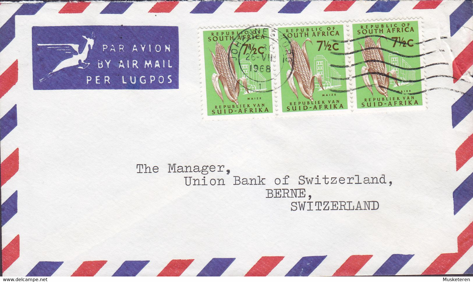 South Africa Airmail Par Avion Per Lugpos JOHANNESBURG 1968 Cover Brief UNION BANK, BERNE Switzerland 3-Stripe Corn - Posta Aerea