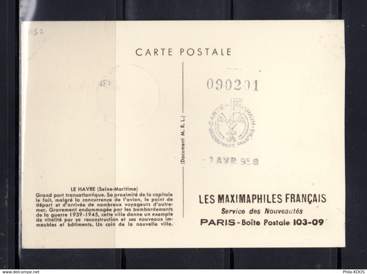 1957 TAMPONNEE MF " LE HAVRE " Sur Carte Maximum N° YT 1152. Voir Les 2 Scans. CM A SAISIR ! - 1950-1959