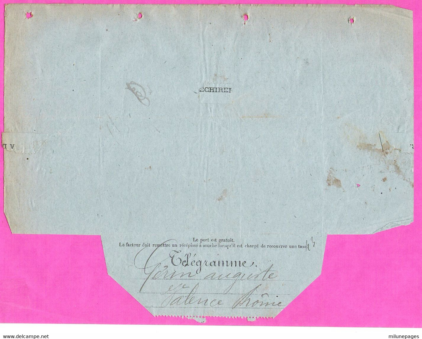 Télégramme Modèle 701 Bleu De Valence Drôme Cachet à Date Bleu 10 Janvier 1901 - Telegrafi E Telefoni