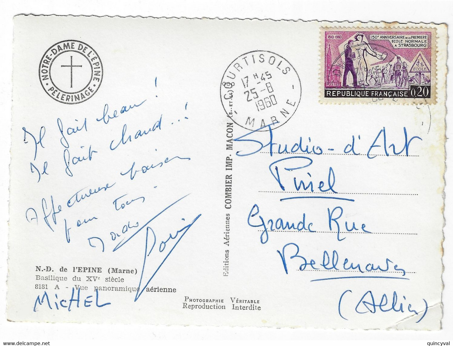 COURTISOLS Marne  Carte Postale 0,20 F 150° Anniversaire Ecole Normale Yv 1254 Ob 25 8 1960 - Cartas & Documentos