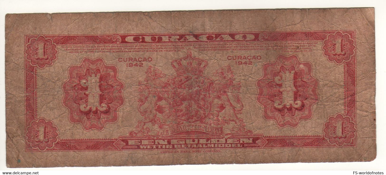 CURACAO   1 Gulden   (1942)  P35a   " Mercury At Front + Arms At Back" - Aruba (1986-...)