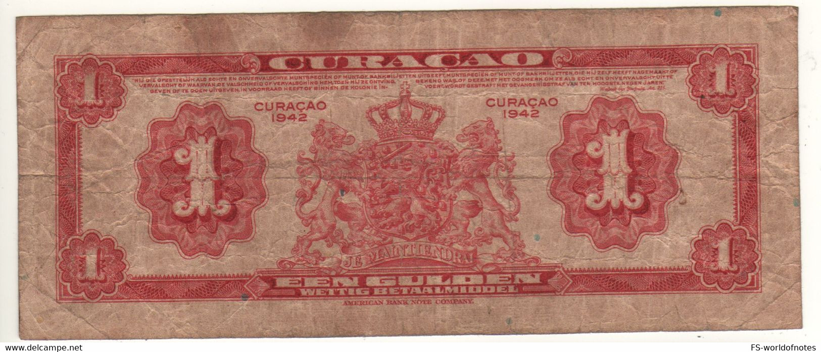 CURACAO   1 Gulden   (1942)  P35a   " Mercury At Front + Arms At Back" - Aruba (1986-...)