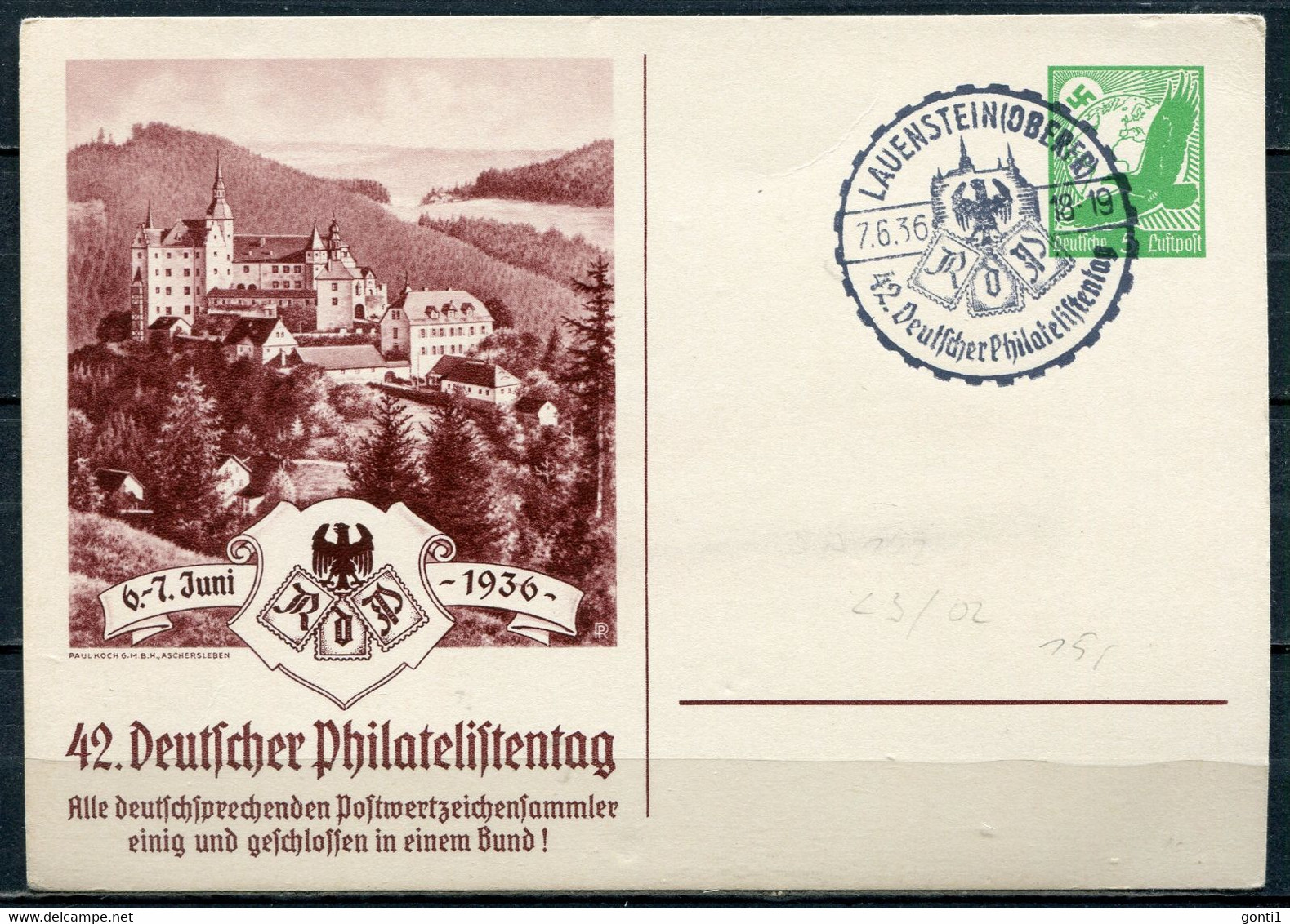 German Empires,1936 Privatganzsache Philatag  Mi.Nr.PP138 Mit SST"Lauenstein-42.Deutscher Philatelistentag "1 GS Used - Autres & Non Classés