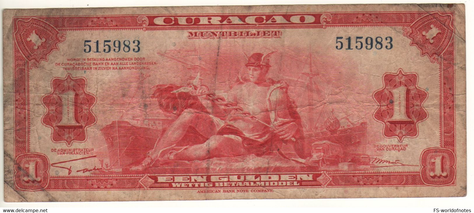 CURACAO   1 Gulden   (1942)  P35a   " Mercury At Front + Arms At Back" - Aruba (1986-...)