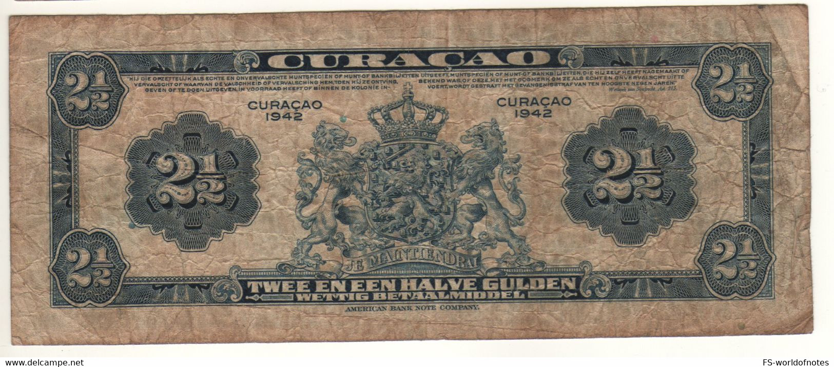 CURACAO   2.1/2  Gulden   (1942)  P36a   " Ship In Drydock At Front + Arms At Back" - Aruba (1986-...)