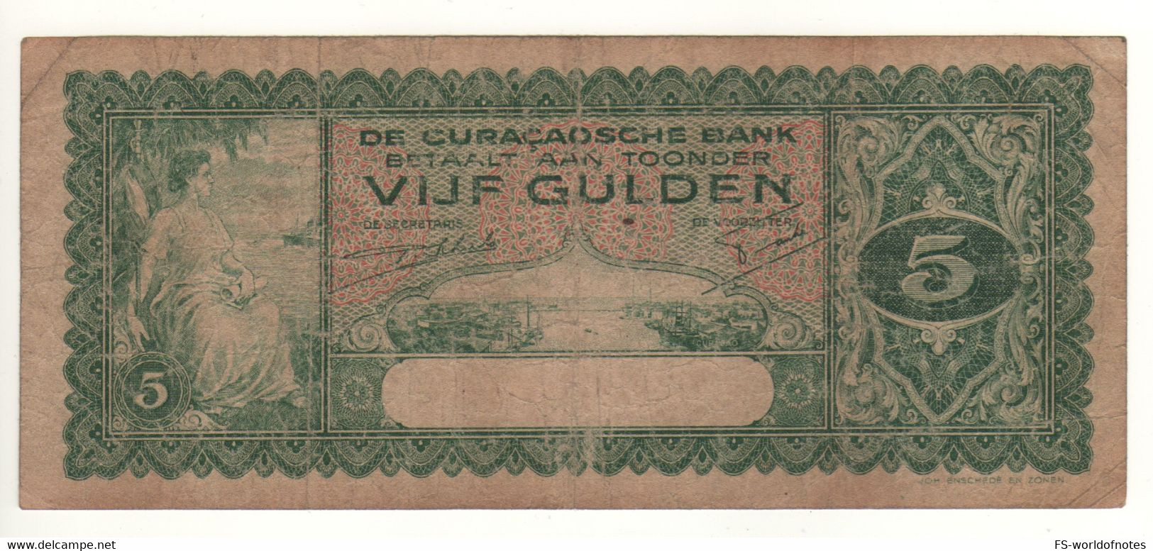 CURACAO   5  Gulden   (1939)  P22a   " Woman-view Of Willmestad At Front + Arms At Back" - Aruba (1986-...)