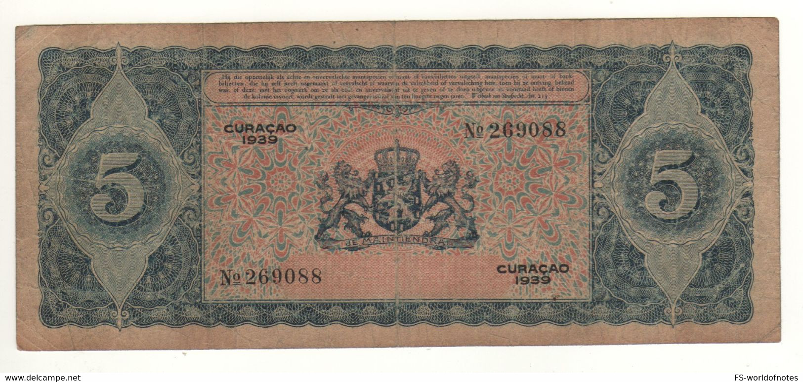 CURACAO   5  Gulden   (1939)  P22a   " Woman-view Of Willmestad At Front + Arms At Back" - Aruba (1986-...)