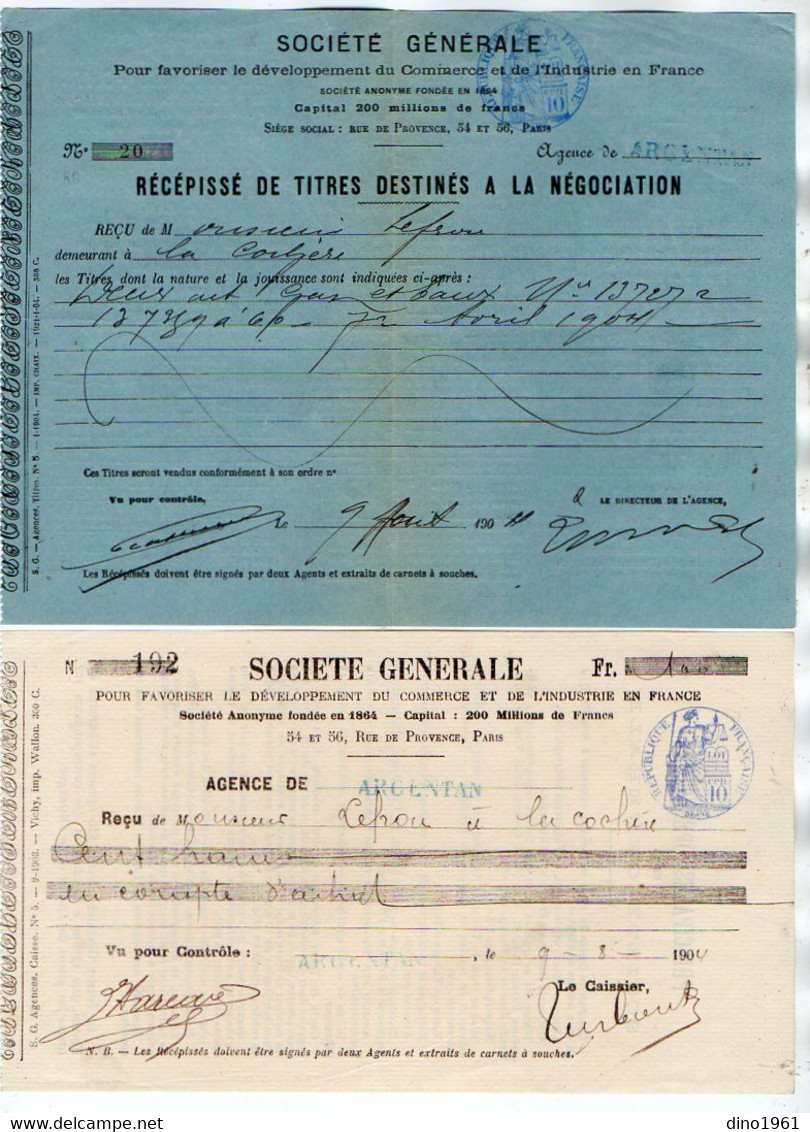 VP19.579 - 1904 - 2 Reçus De La Sté Générale Agence D'ARGENTAN Avec Pub Location De Coffres Forts / LEFROU à LA COCHERE - Banco & Caja De Ahorros