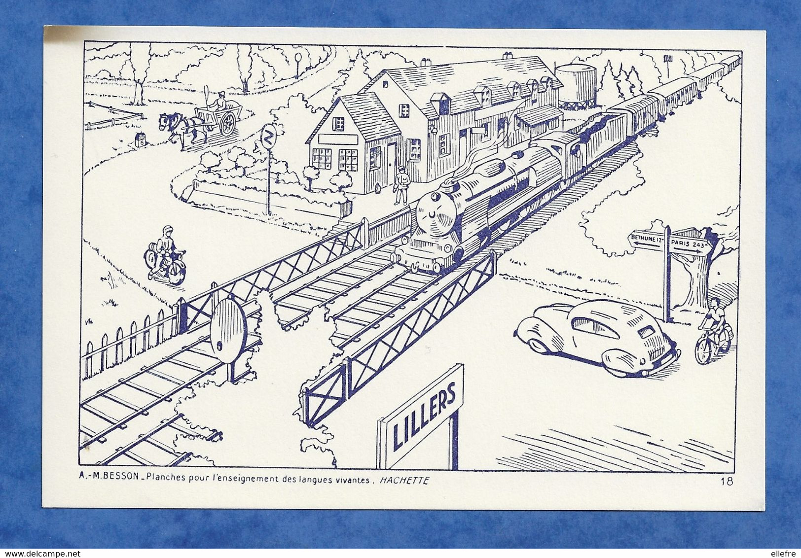 Ecole Planche A.m Besson Hachette Planche Pour L'enseignement Des Langues Vivantes Transport Train Velo Passage à Niveau - Dibujos Originales