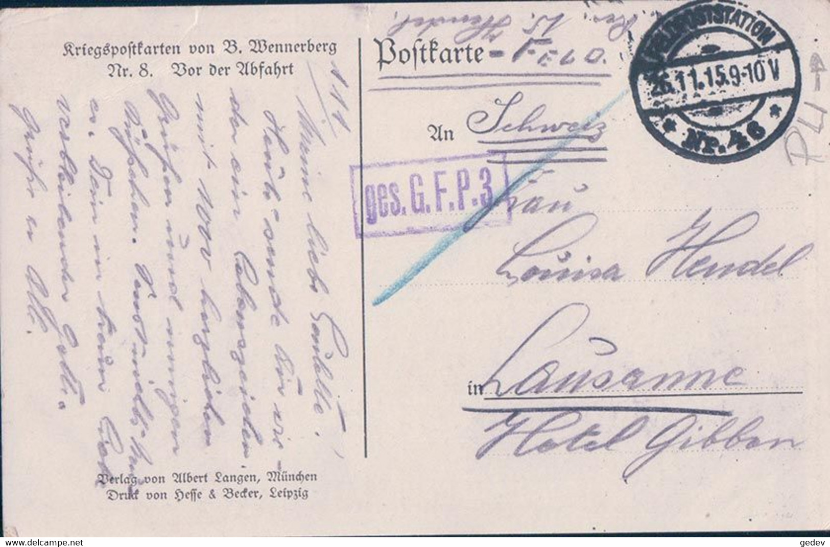 B. Wennerberg Illustrateur, Guerre 14-18, Vor Der Abfahrt, Cachet Feldpost 4.12.1915, Cachet GFP3 (8) - Wennerberg, B.