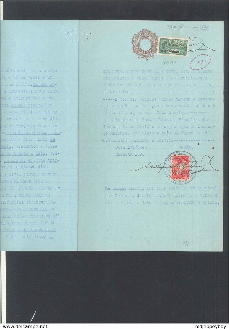 1944 Tax Fiscais PORTUGAL-MOZAMBIQUE Scriptophilie Deferimento, Deferral W/ Tax Stamps Beira - Ohne Zuordnung