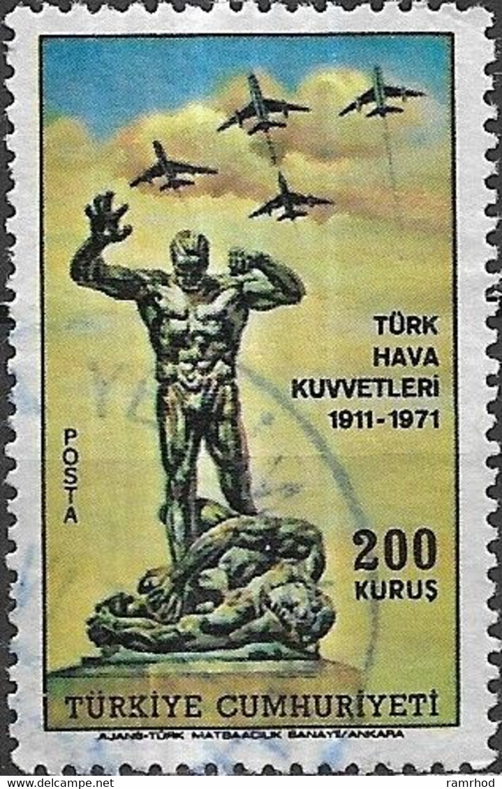 TURKEY 1971 Air. 60 Years Of Turkish Aviation - 200k - Victory Monument, Afyon And Aircraft FU - Poste Aérienne