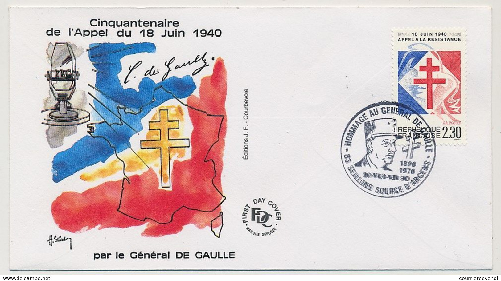 FRANCE - Env Cachet Temp "Hommage Au Général De Gaulle 83 Seillons Source D'Argens - 30/7/1990" S/2,30 Appel... - De Gaulle (Generaal)