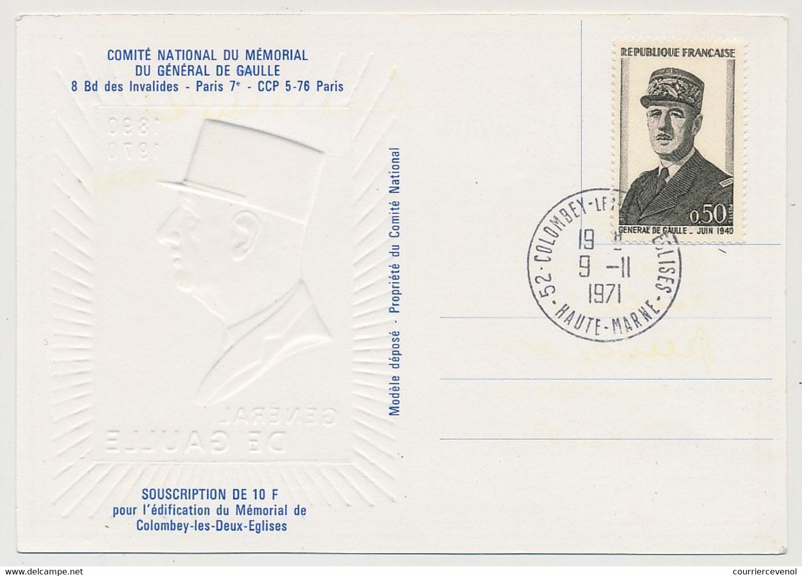 FRANCE - Carte Postale "Souscription De 10F Pour Mémorial De Colombey" - 0,50 De Gaulle Obl 9/11/1971 Colombey - De Gaulle (General)