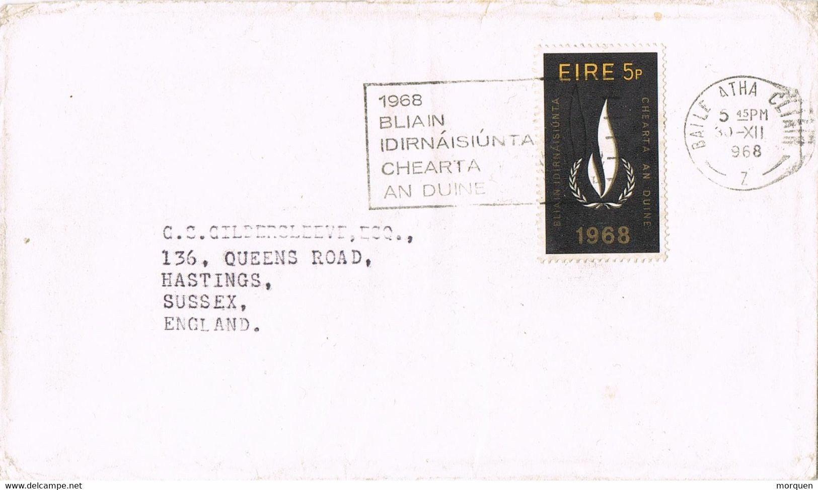 44890. Carta BAILE ATHA CLIATH (Dublin) Irlanda 1968. Año Internacional Derechos Humanos - Storia Postale