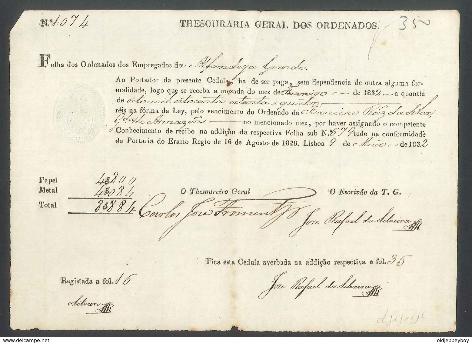 Receipt - Recibo * Portugal * Alfandega Grande * 1832 * Tesouraria Geral De Ordenados - Portugal