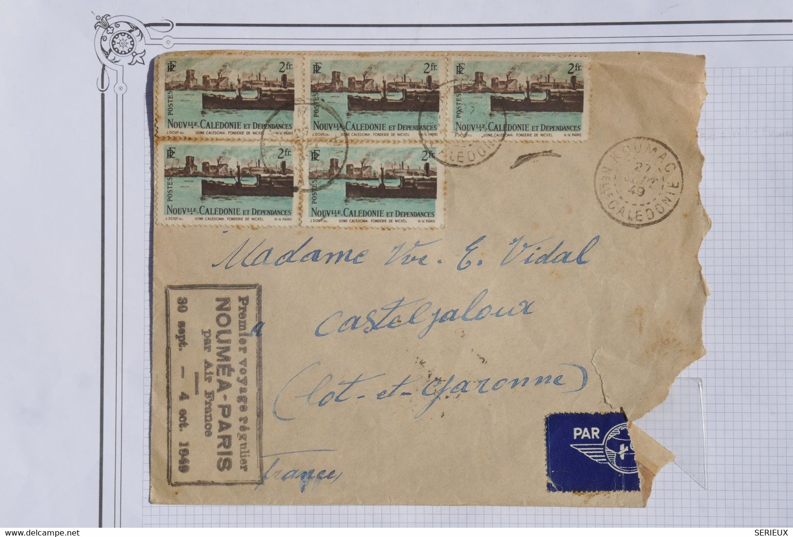 AH16 NOUVELLE CALEDONIE  LETTRE   1949 1ER VOL  NOUMEA PARIS  PARIS ++BANDE DE T.P ++AFFRANCH. PLAISANT - Storia Postale