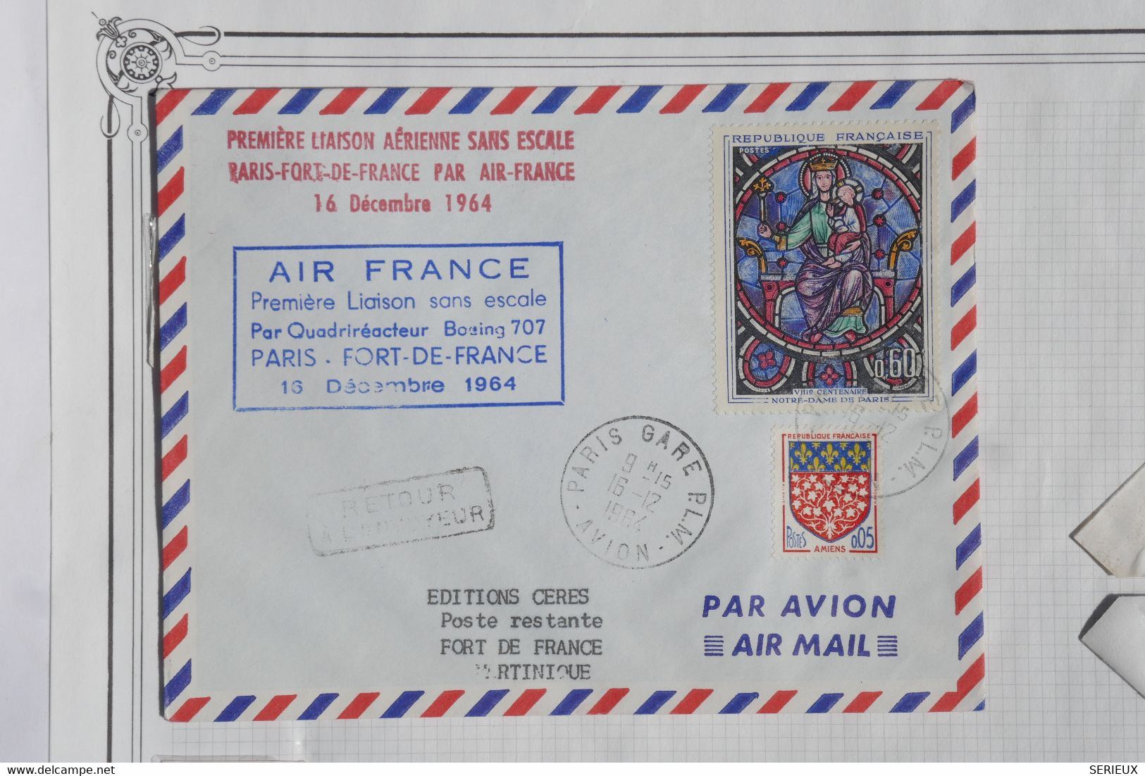 AH20 FRANCE BELLE LETTRE 1964 1ER VOL AIR FRANCE PARIS FORT DE FRANCE +GRIFFE ROUGE++AFFRANCH. PLAISANT - 1960-.... Briefe & Dokumente