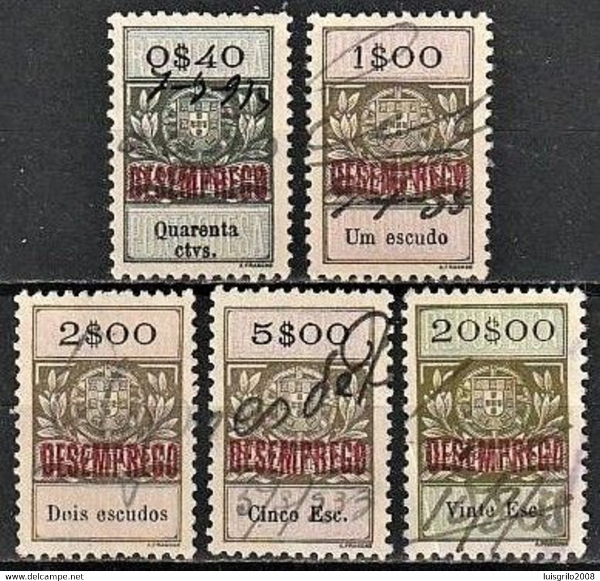 Revenue/ Fiscal, Portugal - 1929, Overprinted Desemprego/ Unemployment -|- 5 Different Stamps - Usati