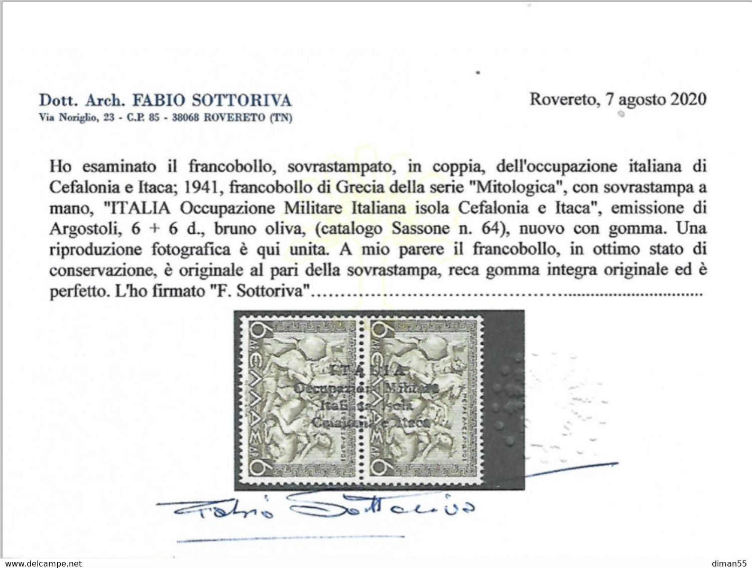 ITALY - CEFALONIA E ITACA - N.18 Sopr. Di Agrostoli - Cv 2400 Euro - Certificato Sottoriva - GOMMA INTEGRA - MNH** - Cefalonia & Itaca