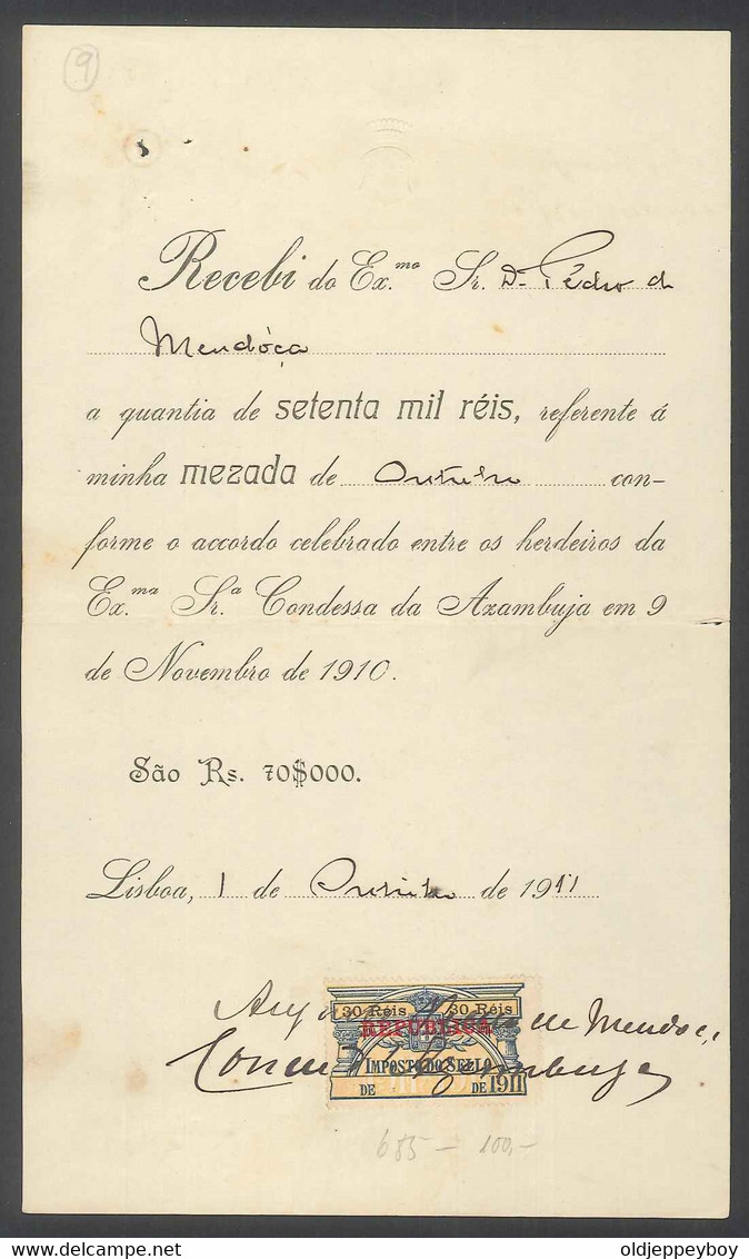 Receipt - Recibo * Portugal * Condessa De Azambuja * 1910 * With Tax Stamp - Portugal