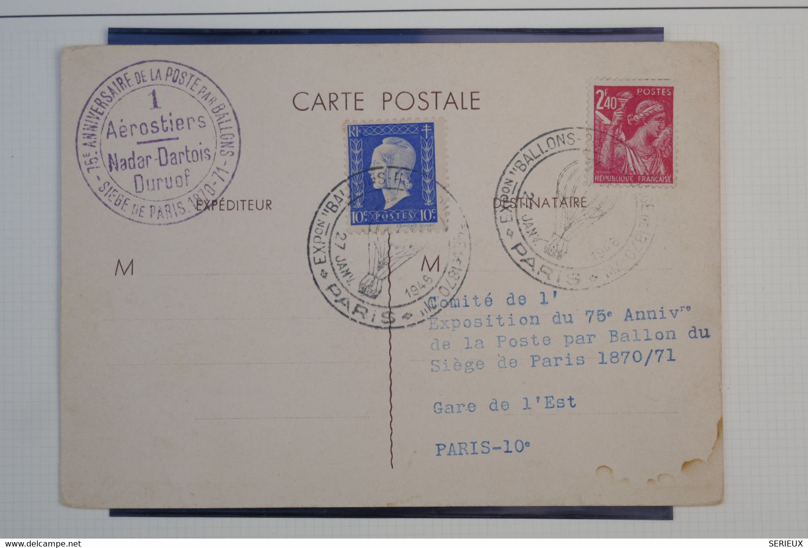 C1 FRANCE BELLE CARTE  1946   PARIS  EXPO BALLONS MONTéS AEROSTIERS NADAR +PEU  COURANT ++++ - 1960-.... Storia Postale