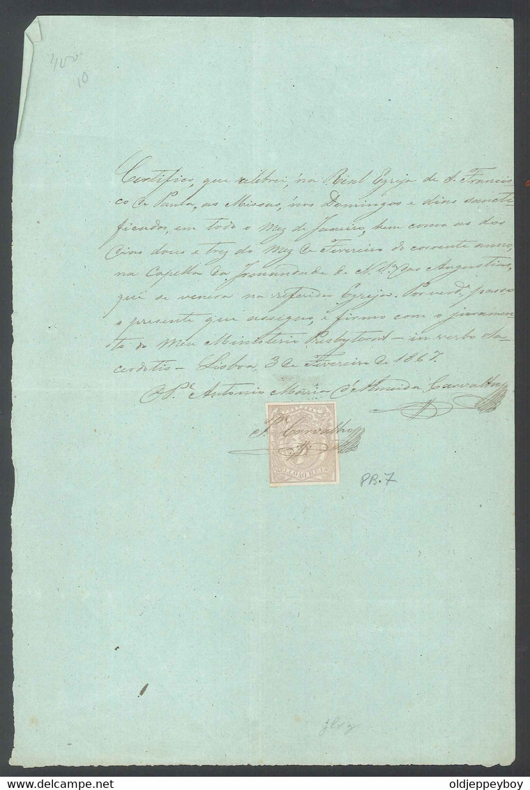 Certificate - Certificado * Portugal * 1867 * Lisbon  * With Tax Stamp PB7 - Portugal