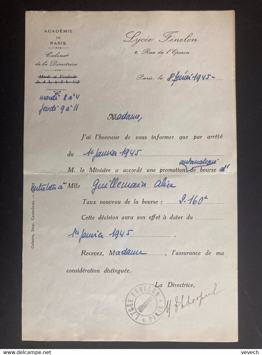 LETTRE TP M. D'ALGER 1F50 OBL.MEC.9 II 1945 PARIS 25 + LYCEE FENELON - 1944 Hahn Und Marianne D'Alger