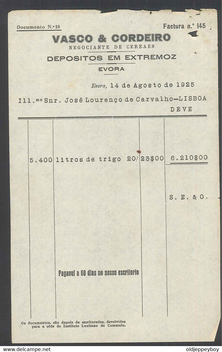 Receipt - Recibo * Portugal * Extremoz Evora * 1925 * Vasco & Cordeiro - Portogallo