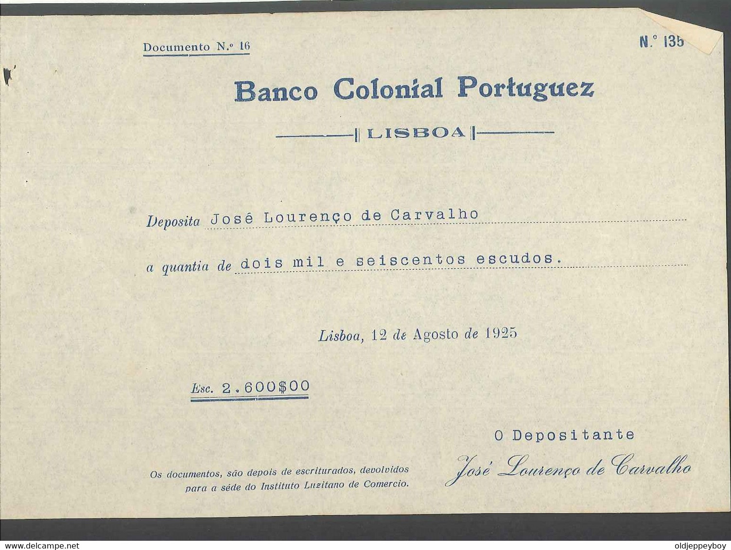 Receipt - Recibo * Portugal * Lisbon * 1925 * BANCO COLONIAL PORTUGUEZ - Portogallo