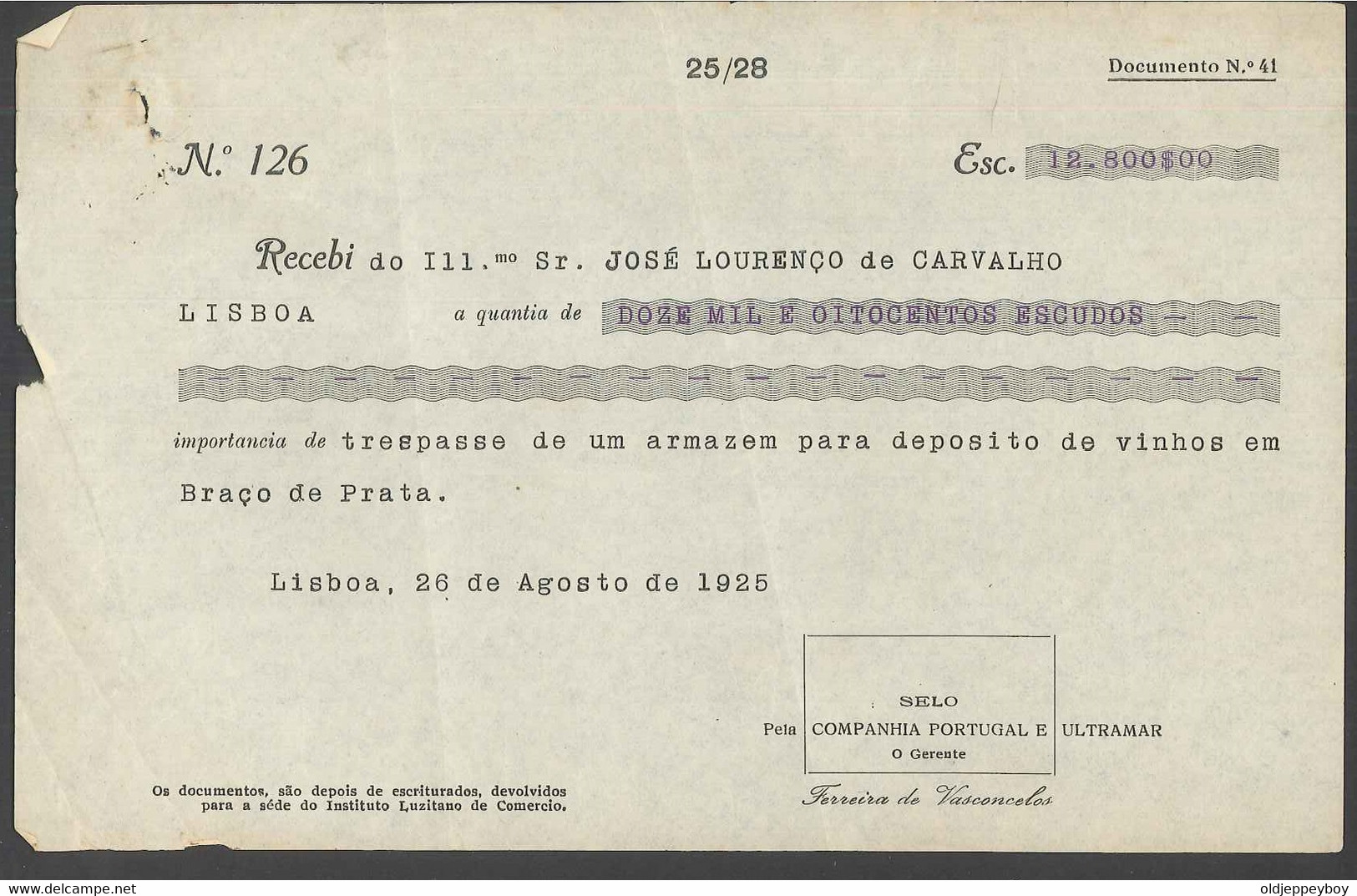 Receipt - Recibo * Portugal * BRAÇO DE PRATA  * 1925 *José Lourenço De Carvalho - Portogallo