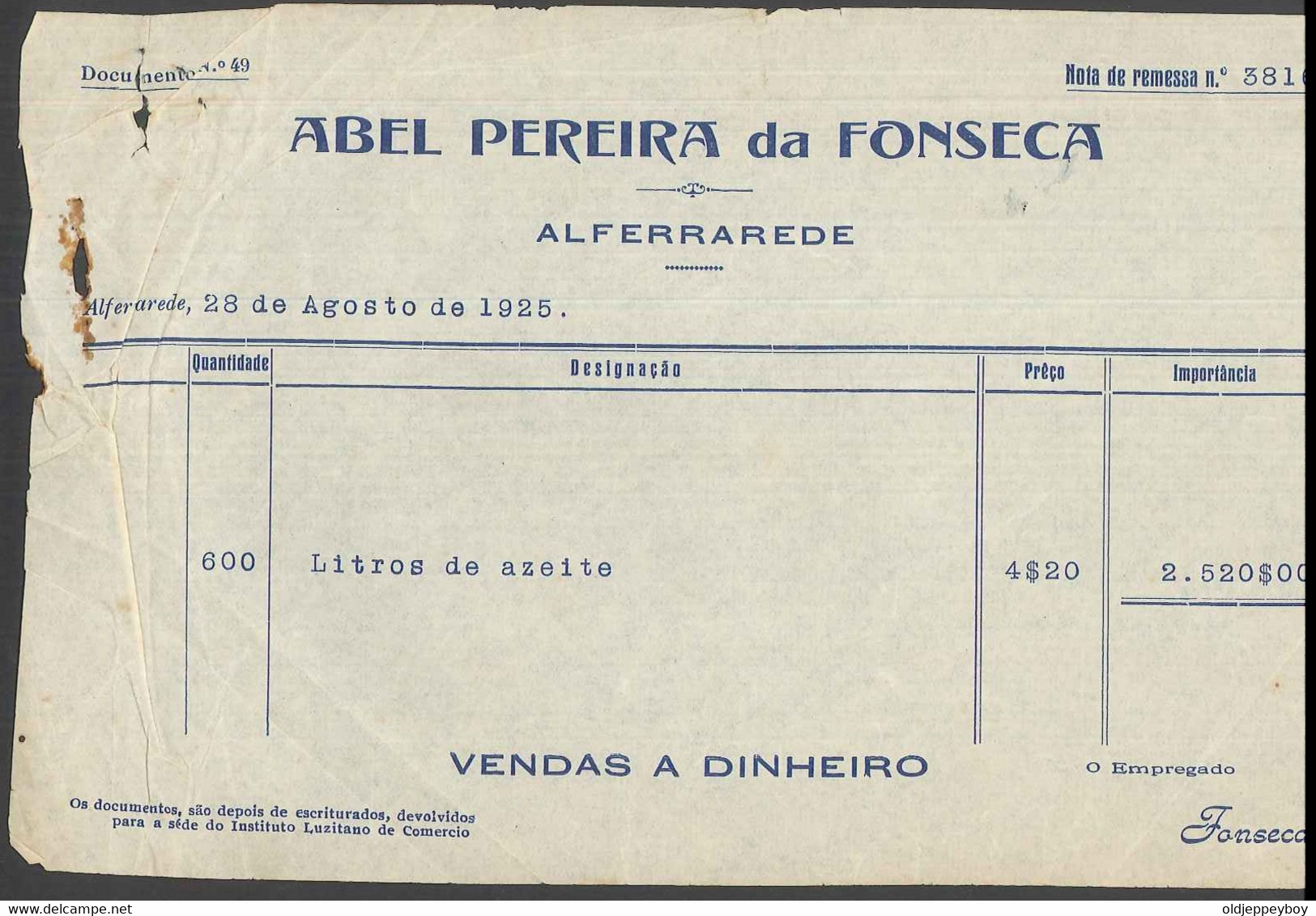 Receipt - Recibo * Portugal * ALFERRAREDE * 1925 * ABEL PEREIRA DA FONSECA - Portogallo