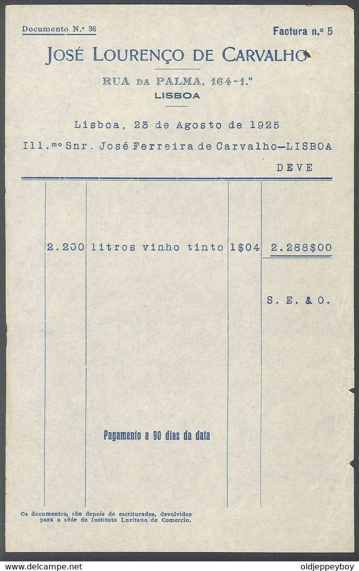 Receipt - Recibo * Portugal * Rua Da Palma Lisboa * 1925 *José Lourenço De Carvalho - Portogallo