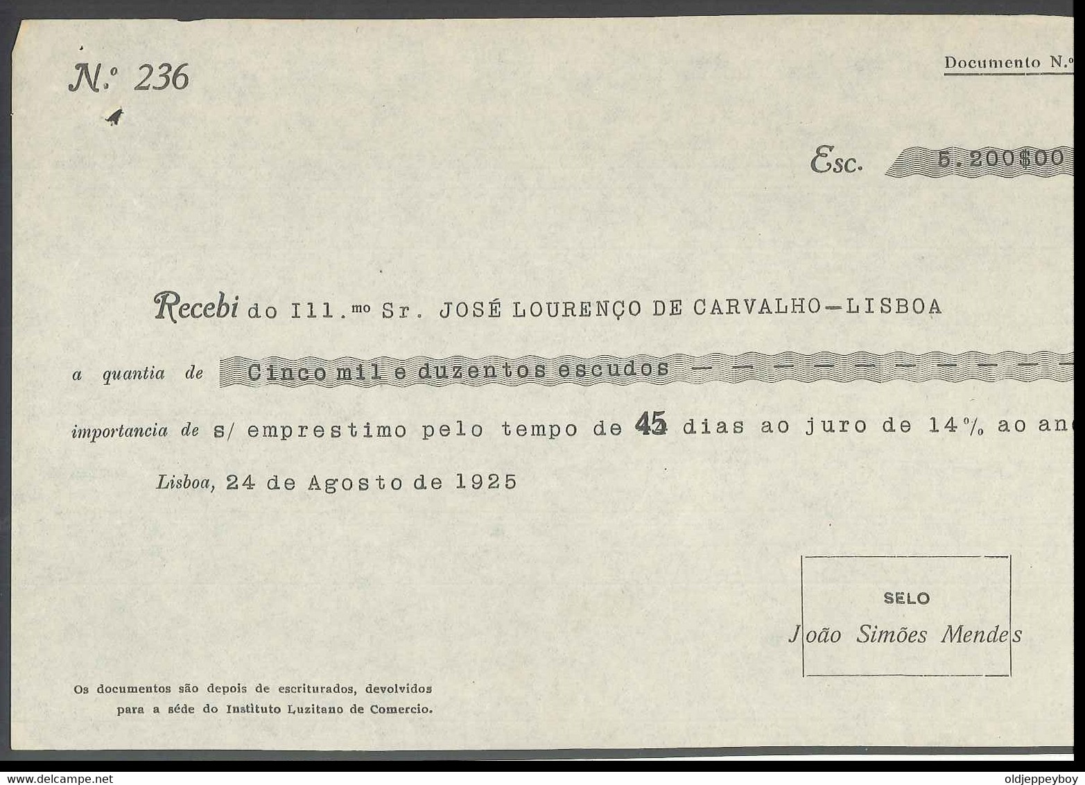 Receipt - Recibo * Portugal *Lisboa * 1925 *ANTONIO MATEUS FURTADO - Portugal