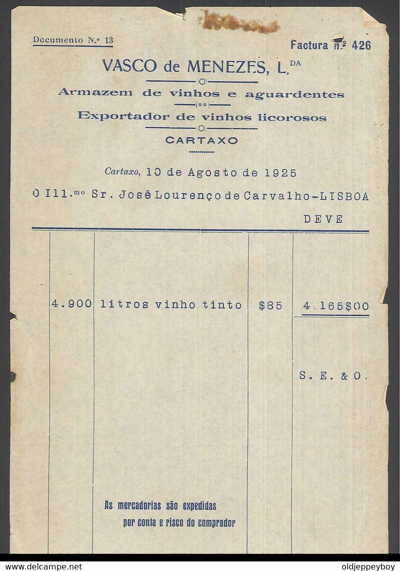 Receipt - Recibo * Portugal * CARTAXO  * 1925 * VASCO DE MENEZES, Lda - Portogallo