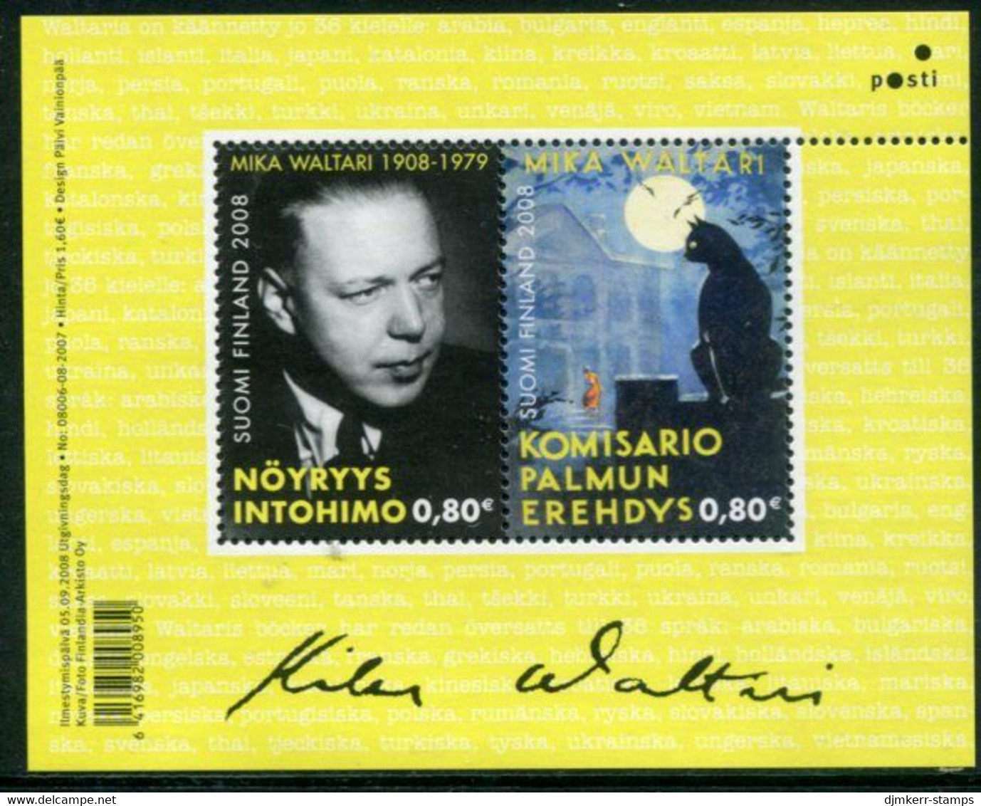 FINLAND 2008 Waltari Birth Centenary Block MNH / **.  Michel Block 50 - Unused Stamps