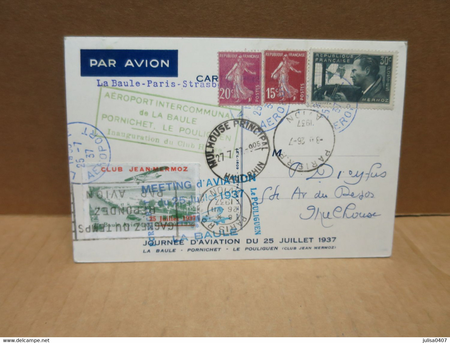 Aéroport LA BAULE ESCOUBLAC PORNICHET POULIGUEN Carte Illustrée Oblitérée Club Jean MERMOZ 1937 - Riunioni